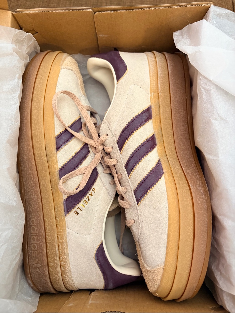 adidas Gazelle Bold Sneakers in Cream & Maroon